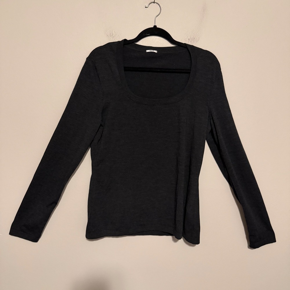 Wolford Black Gray Wool Long Sleeve Scoop Neck Top Minimalist Basic layering